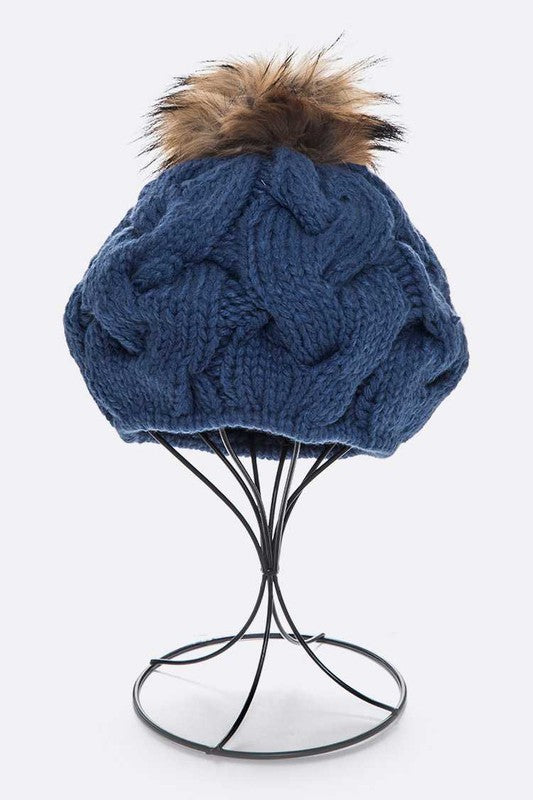 Cotton Cable Knit Large Fur Pom Beanie