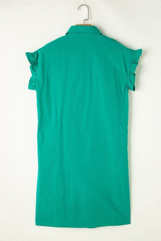 Green Shirred Ruffle Sleeve Button Up Short Dress