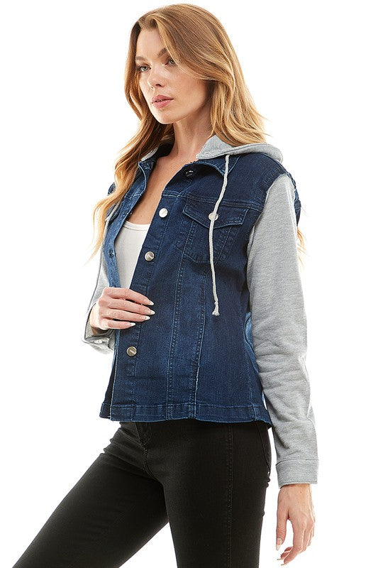 Spendex Ladies Denim Jacket with  Fleece Hoodie