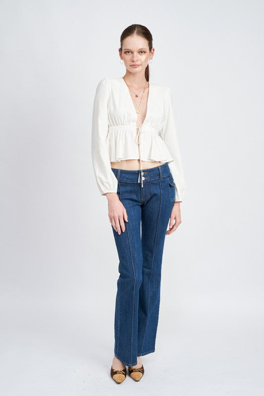 LOW WAIST DENIM FLARED PANTS