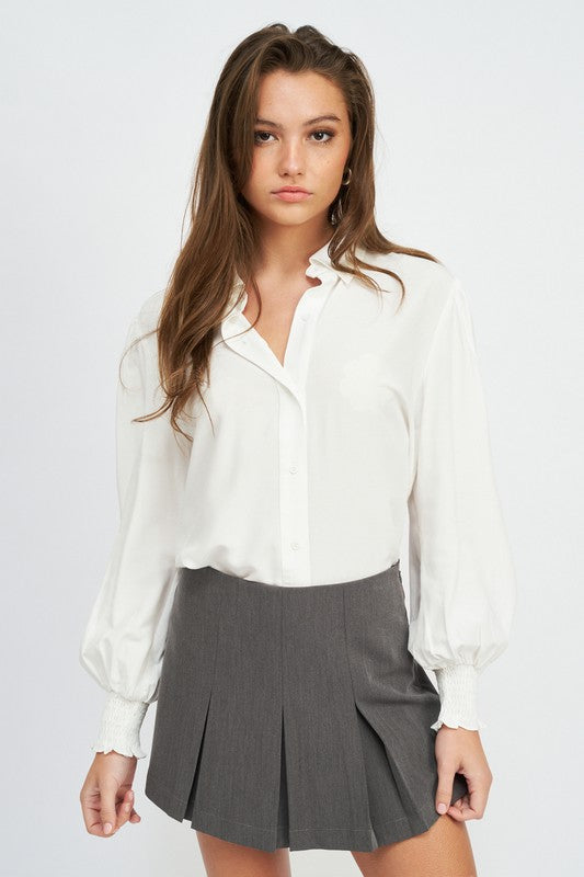 BUTTON UP COLLARED BLOUSE WITH SMOCKING