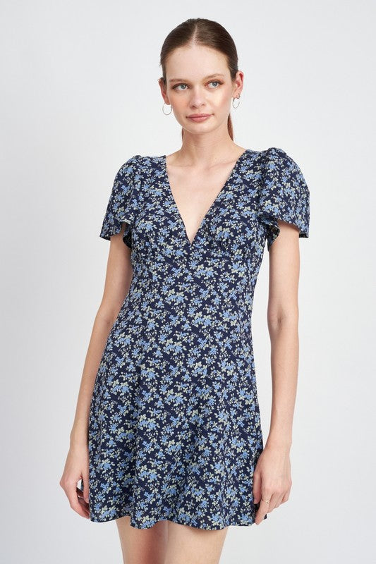 DEEP V NECK FLORAL DRESS