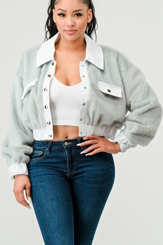 CASUAL DENIM CONTRAST FUR CROP JACKET