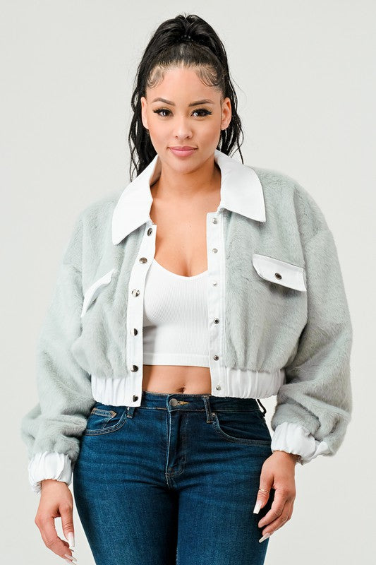 CASUAL DENIM CONTRAST FUR CROP JACKET