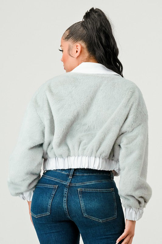 CASUAL DENIM CONTRAST FUR CROP JACKET