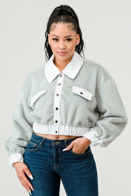 CASUAL DENIM CONTRAST FUR CROP JACKET