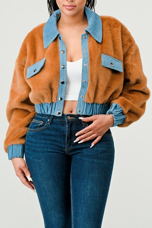 CASUAL DENIM CONTRAST FUR CROP JACKET