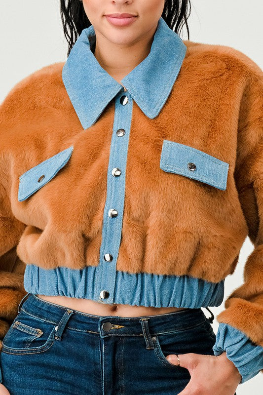 CASUAL DENIM CONTRAST FUR CROP JACKET