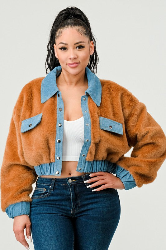 CASUAL DENIM CONTRAST FUR CROP JACKET