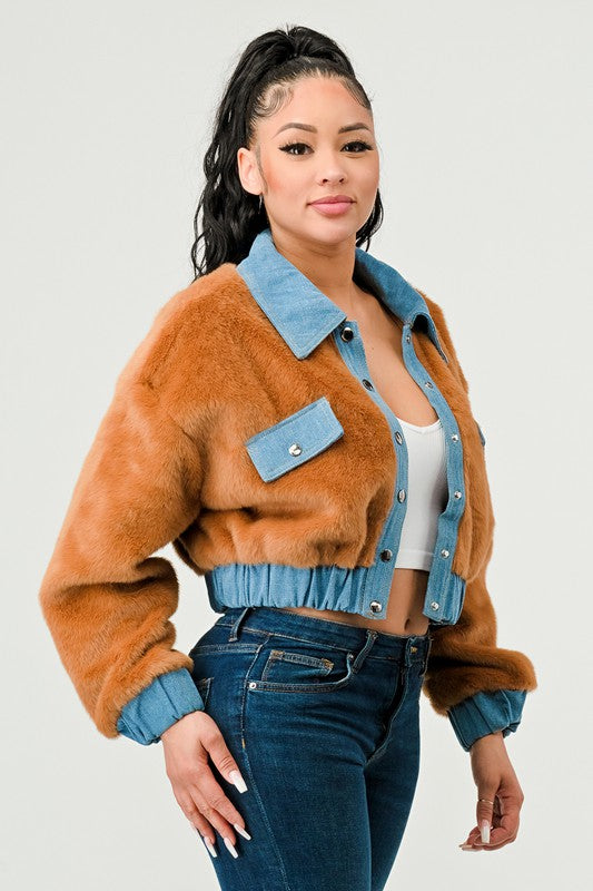 CASUAL DENIM CONTRAST FUR CROP JACKET