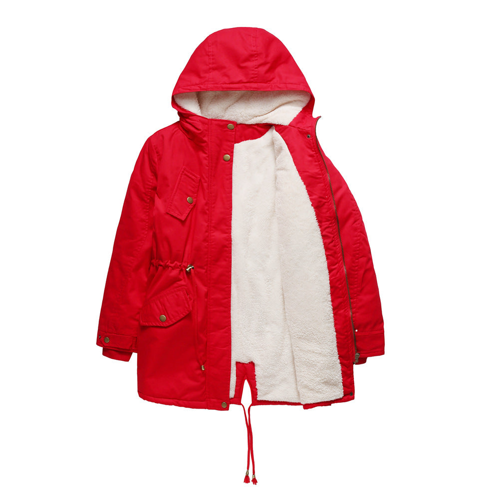 Size Autumn Winter New Women Cotton-Padded Coat Women Solid Color Hooded Drawstring Cinched Thickening Cotton-Padded Coat Velvet Cotton Clothes