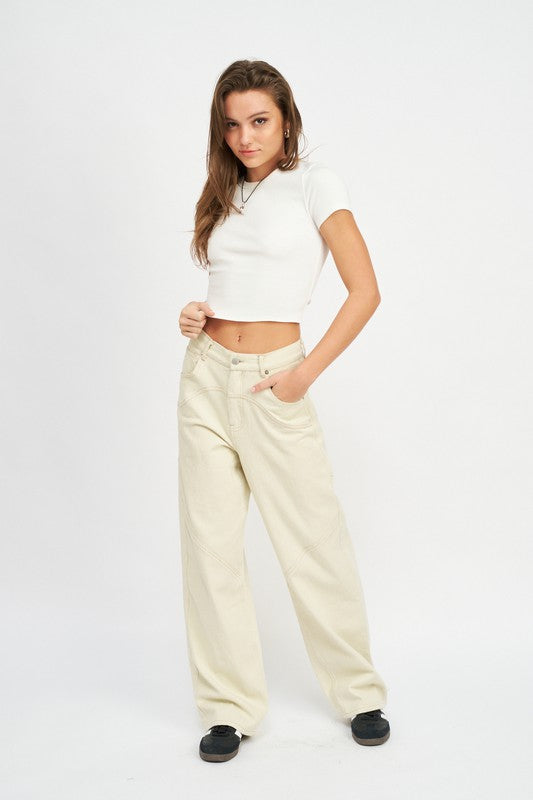 CONTRASTED STITCH DETAIL WIDE PANTS