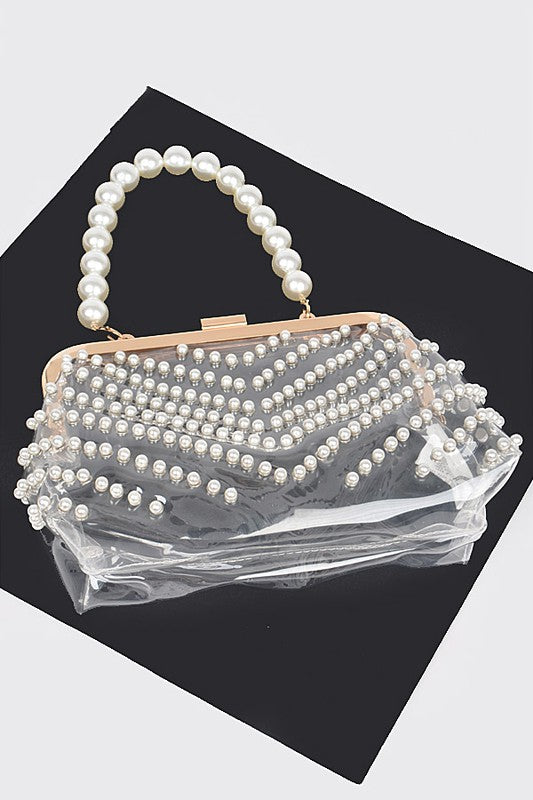 Pearl Studs Handle Cleared Transparent Clutch