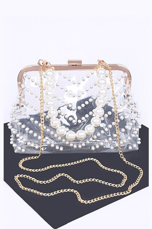 Pearl Studs Handle Cleared Transparent Clutch