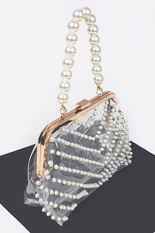 Pearl Studs Handle Cleared Transparent Clutch