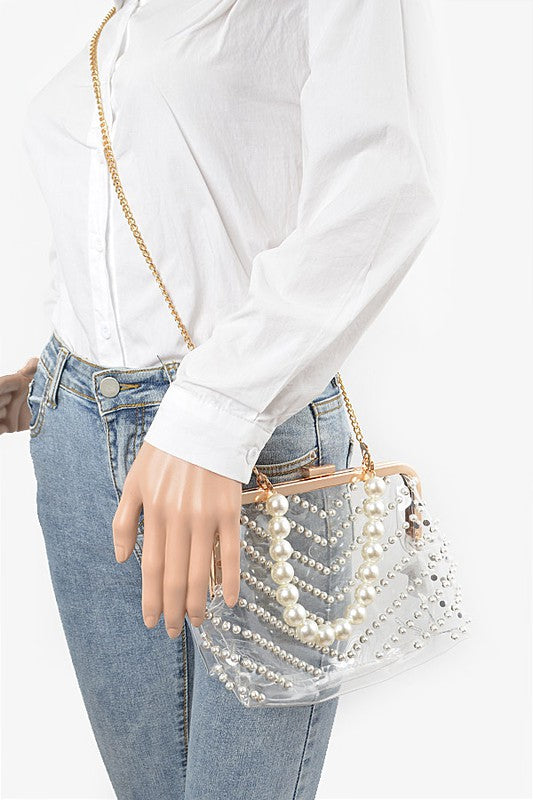 Pearl Studs Handle Cleared Transparent Clutch