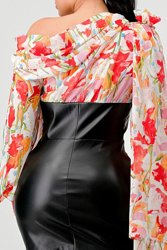 FLORAL LEATHER MINI DRESS