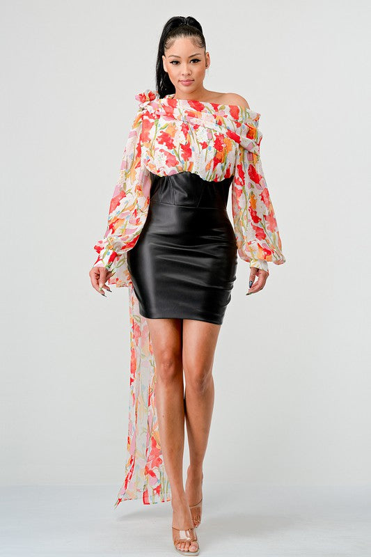 FLORAL LEATHER MINI DRESS