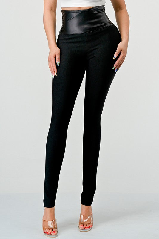 Casual high waist soft PU contrast Pants