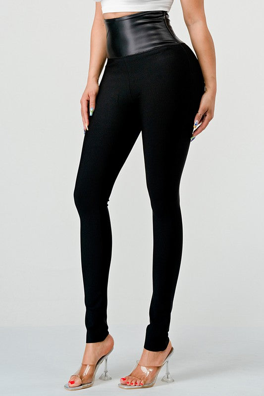 Casual high waist soft PU contrast Pants