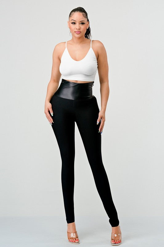 Casual high waist soft PU contrast Pants