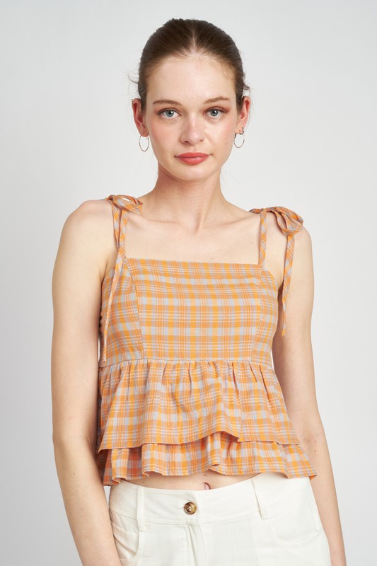 PLAID SHOULDER TIED BABYDOLL TOP