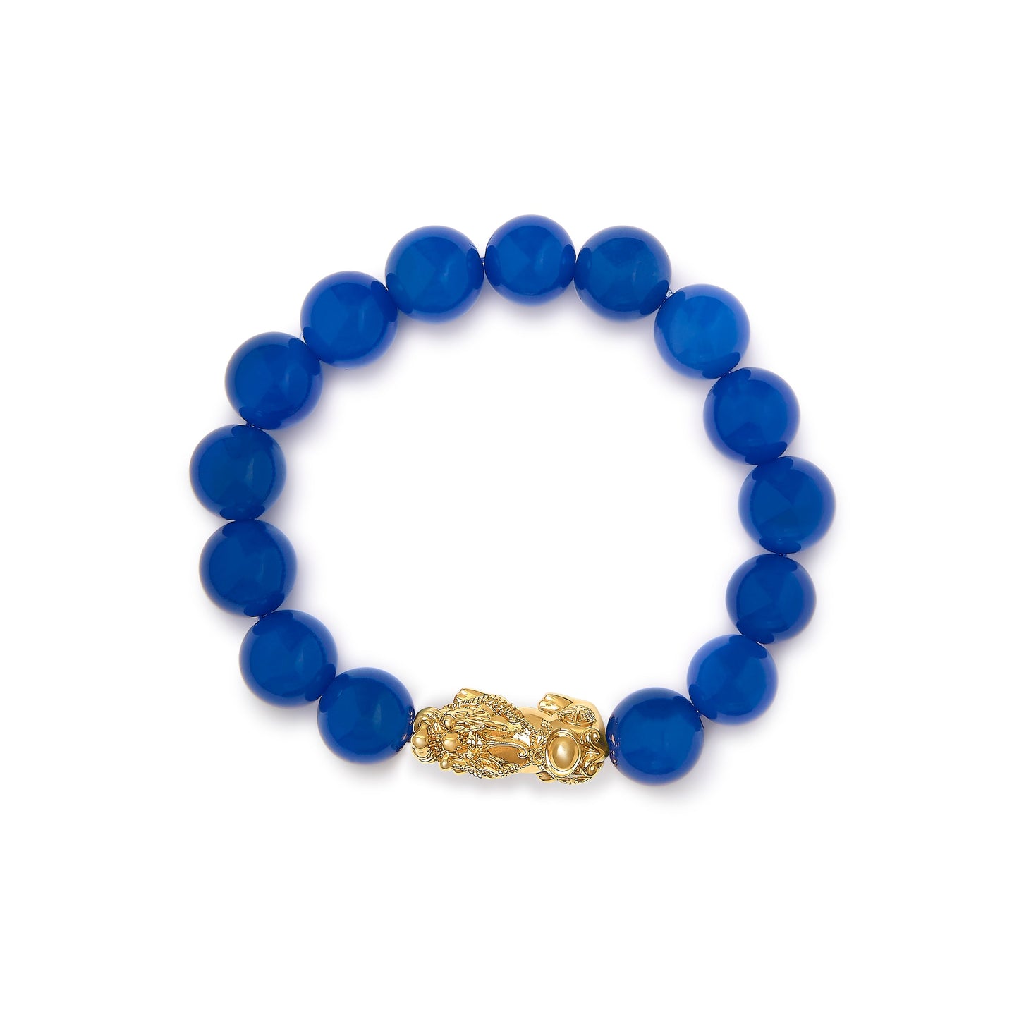 18K Yellow Gold Blue Agate Beaded Dragon Charm Bracelet