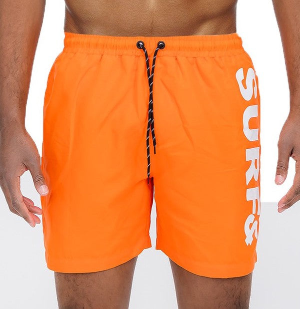 Solid Lined Beach Swim Text Swim Shorts