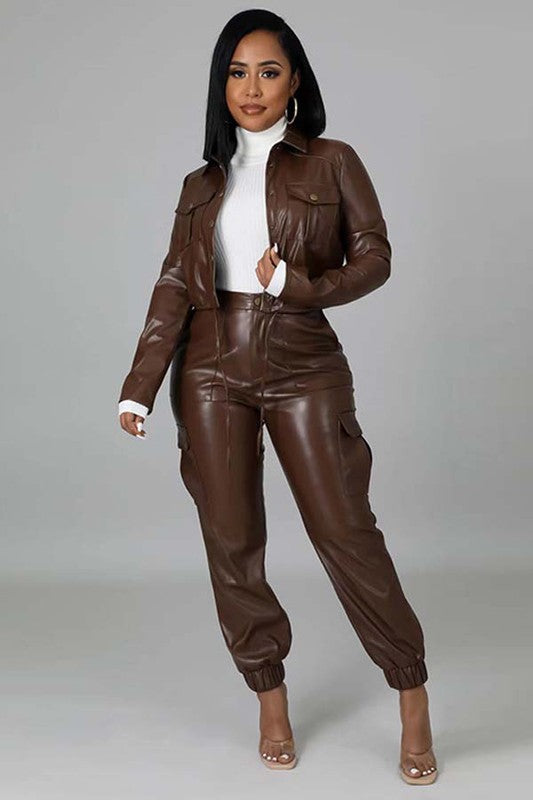 PU LEATHER 2PC PANTS SET