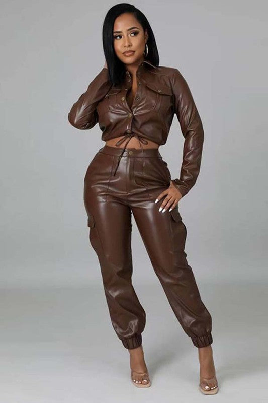 PU LEATHER 2PC PANTS SET