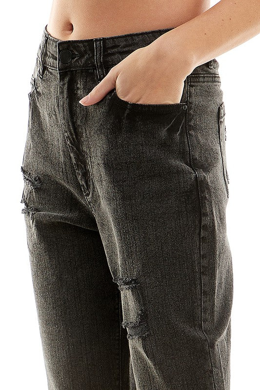 ROOL-UP DISTRESSED  HIGH RISE STRETCH MOM JEANS