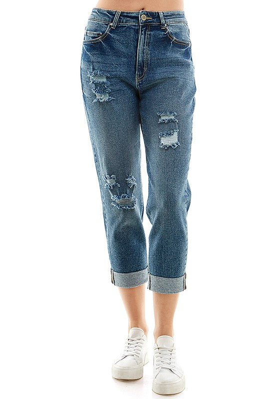 ROOL-UP DISTRESSED  HIGH RISE STRETCH MOM JEANS