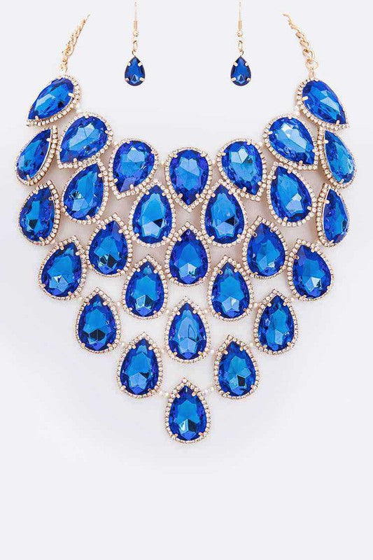 Crystal Teardrop Statement Bib Necklace Set