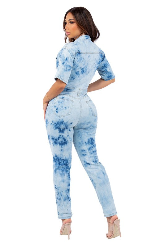 TIE DYE DENIM JUMPSUIT