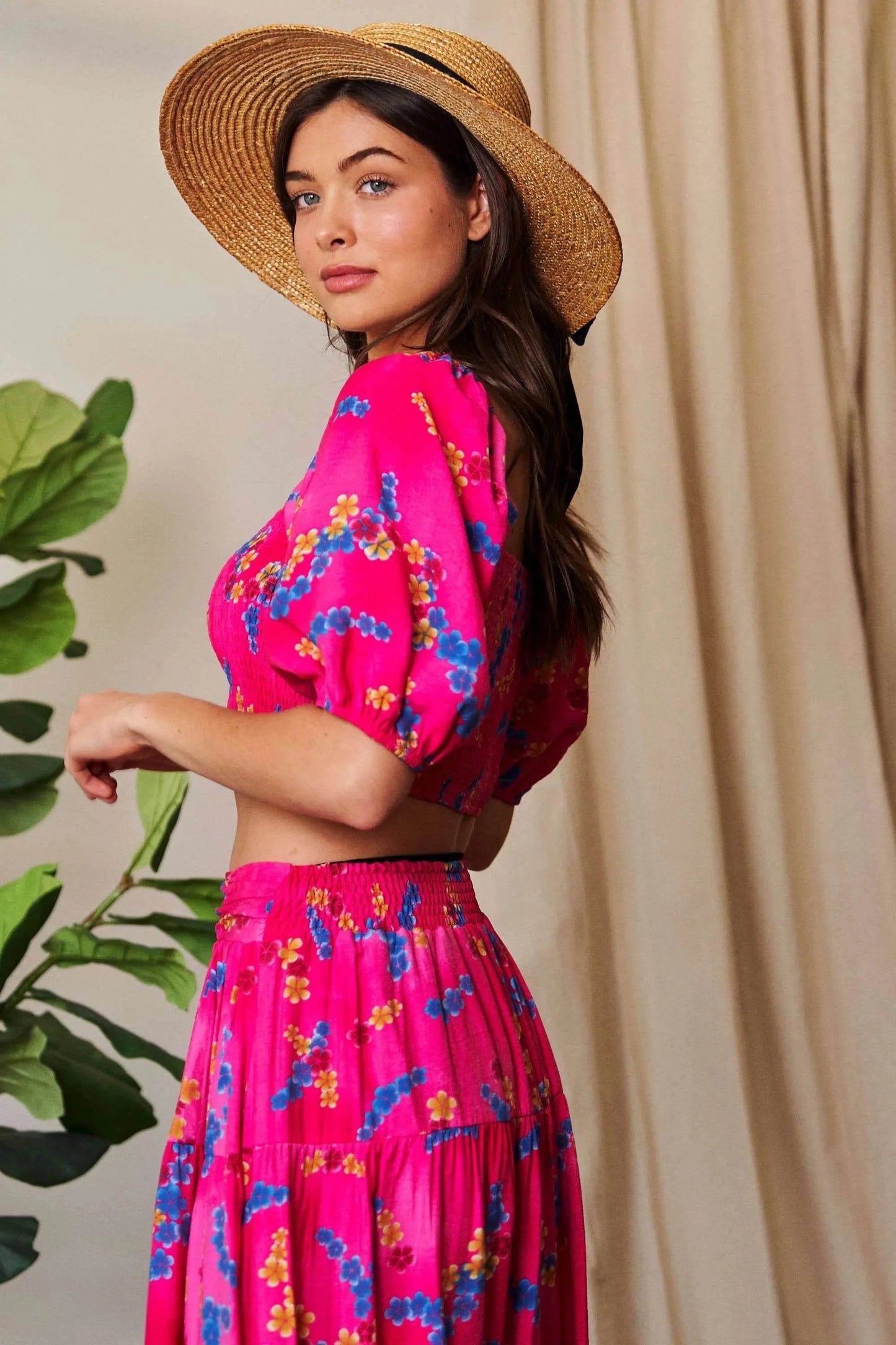 Davi & Dani Smocing Bodice Puff Short Sleeve Printed Crop Top