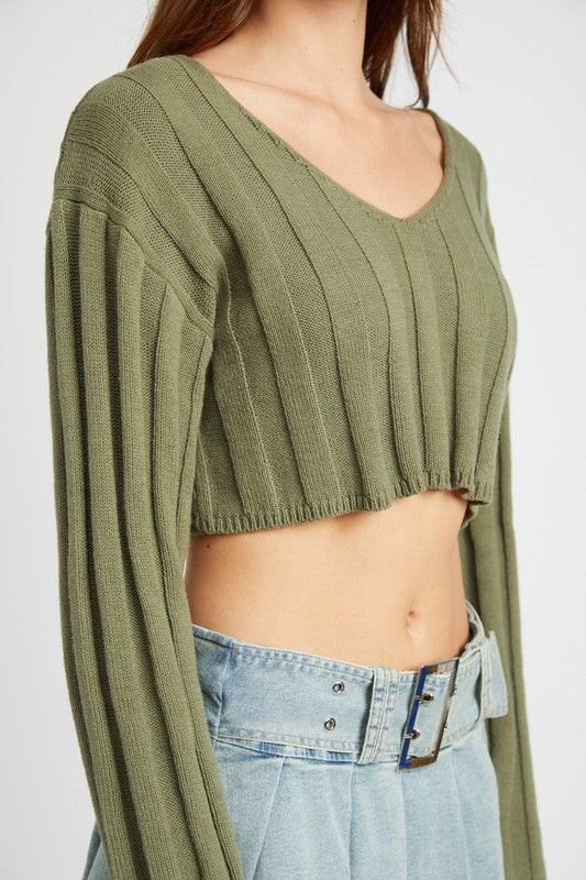 WIDE RIB LONG SLEEVE V NECK TOP