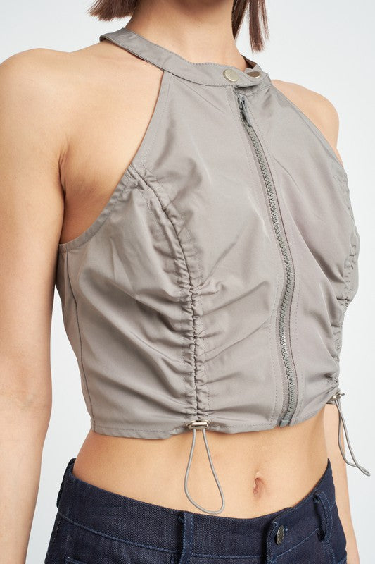 ZIP FRONT HALTER NECK CROPPED TOP