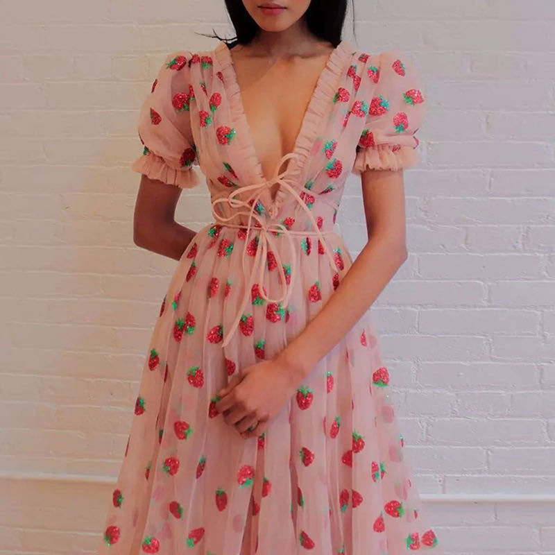 Dress French Strawberry Two Color V neck Fashionable Sequined Dress Mesh Lace up Pleated Dress