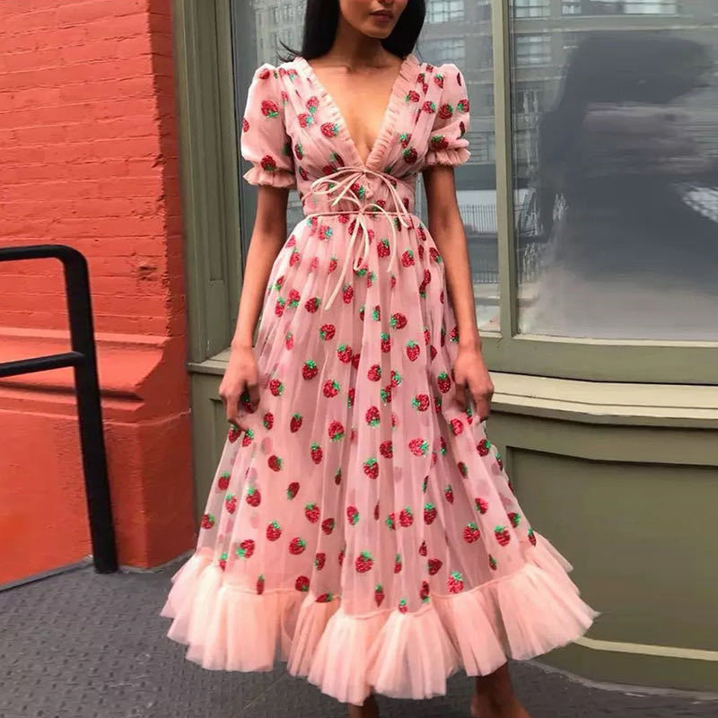 Dress French Strawberry Two Color V neck Fashionable Sequined Dress Mesh Lace up Pleated Dress