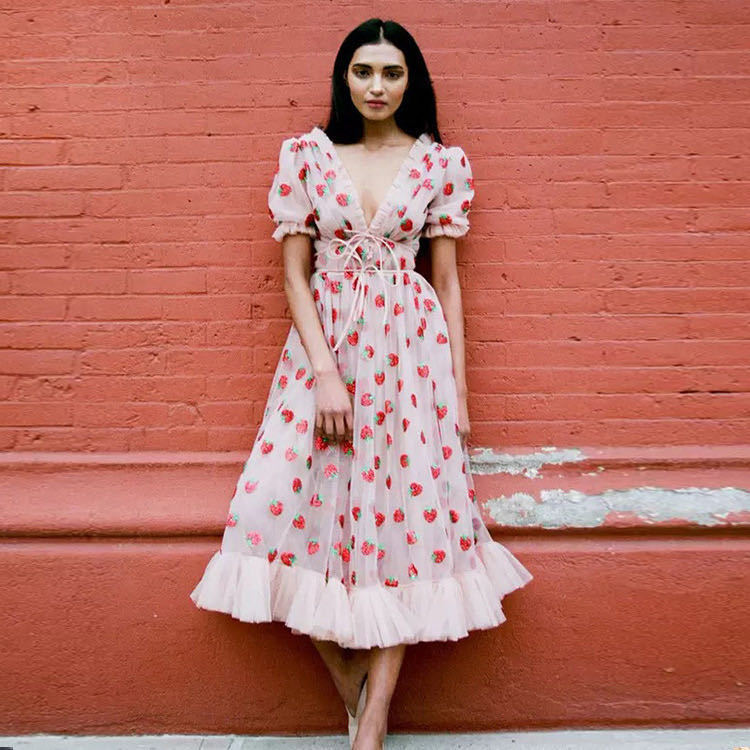 Dress French Strawberry Two Color V neck Fashionable Sequined Dress Mesh Lace up Pleated Dress