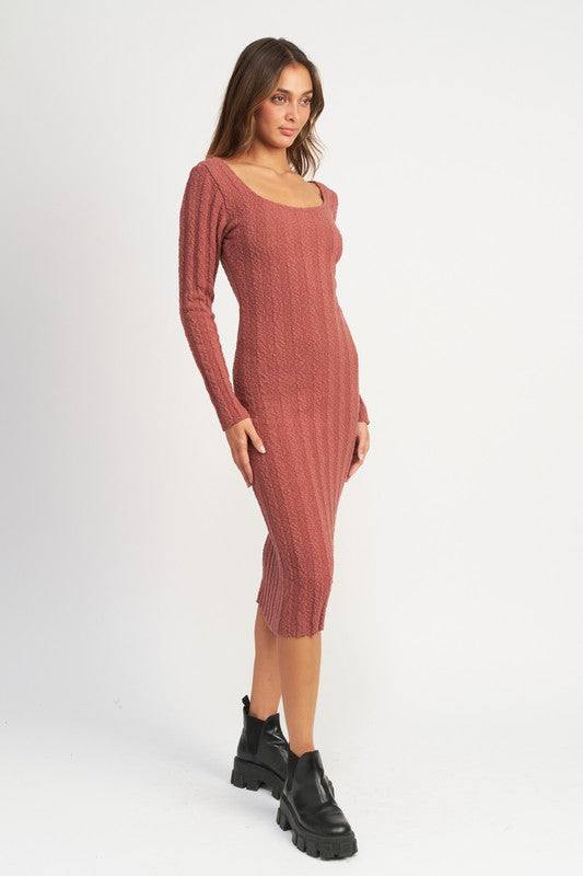 SQUARE NECK RIBBED MIDI DRESS