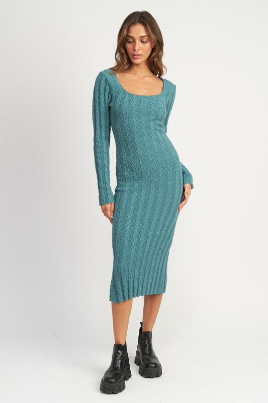 SQUARE NECK RIBBED MIDI DRESS