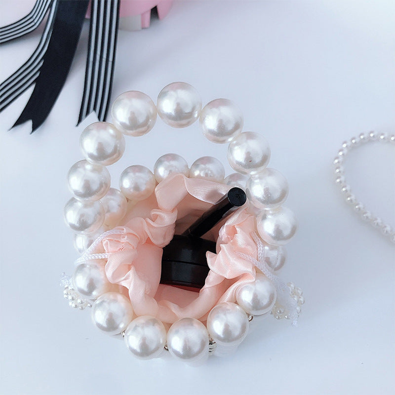 Hand Woven Imitation Pearl Handbag Stylish round Women Bucket Bag Hand Held Hollow Out Cutout Pen Holder Bag