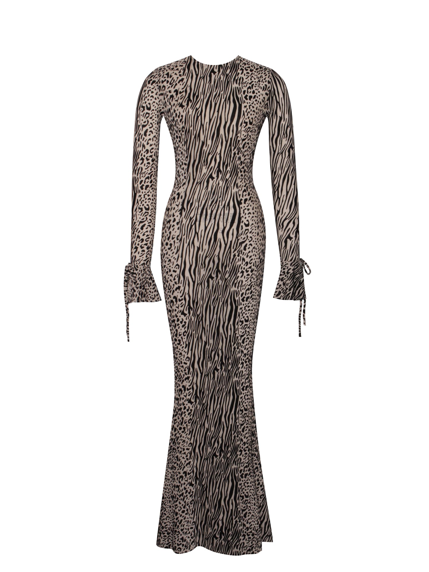 Waylynn Nude Black Animal Print Burnout Velvet Detail Mesh Backless Maxi Dress