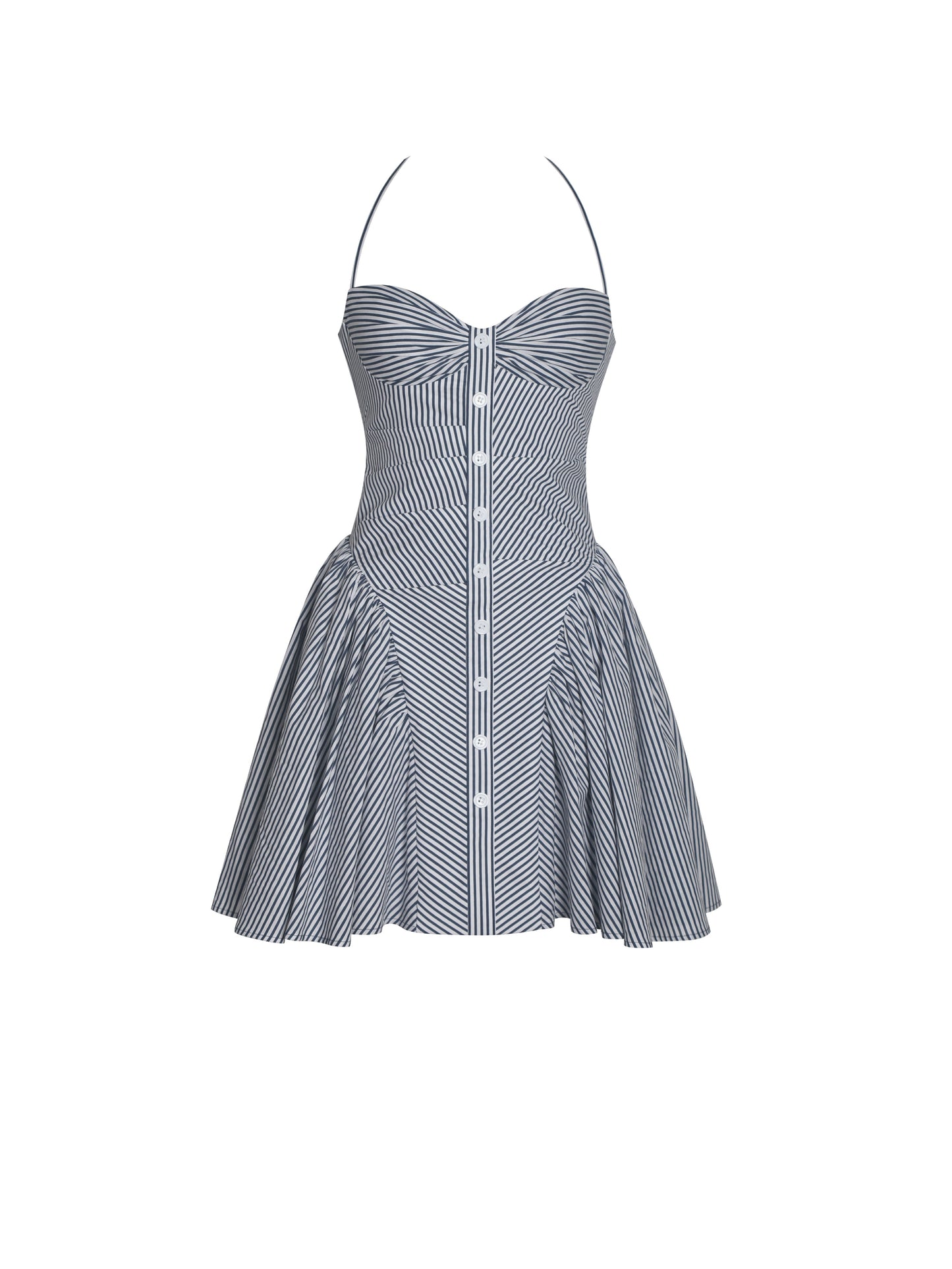 Melody Navy Blue Railroad Stripe Halter Drop Waist Mini Dress