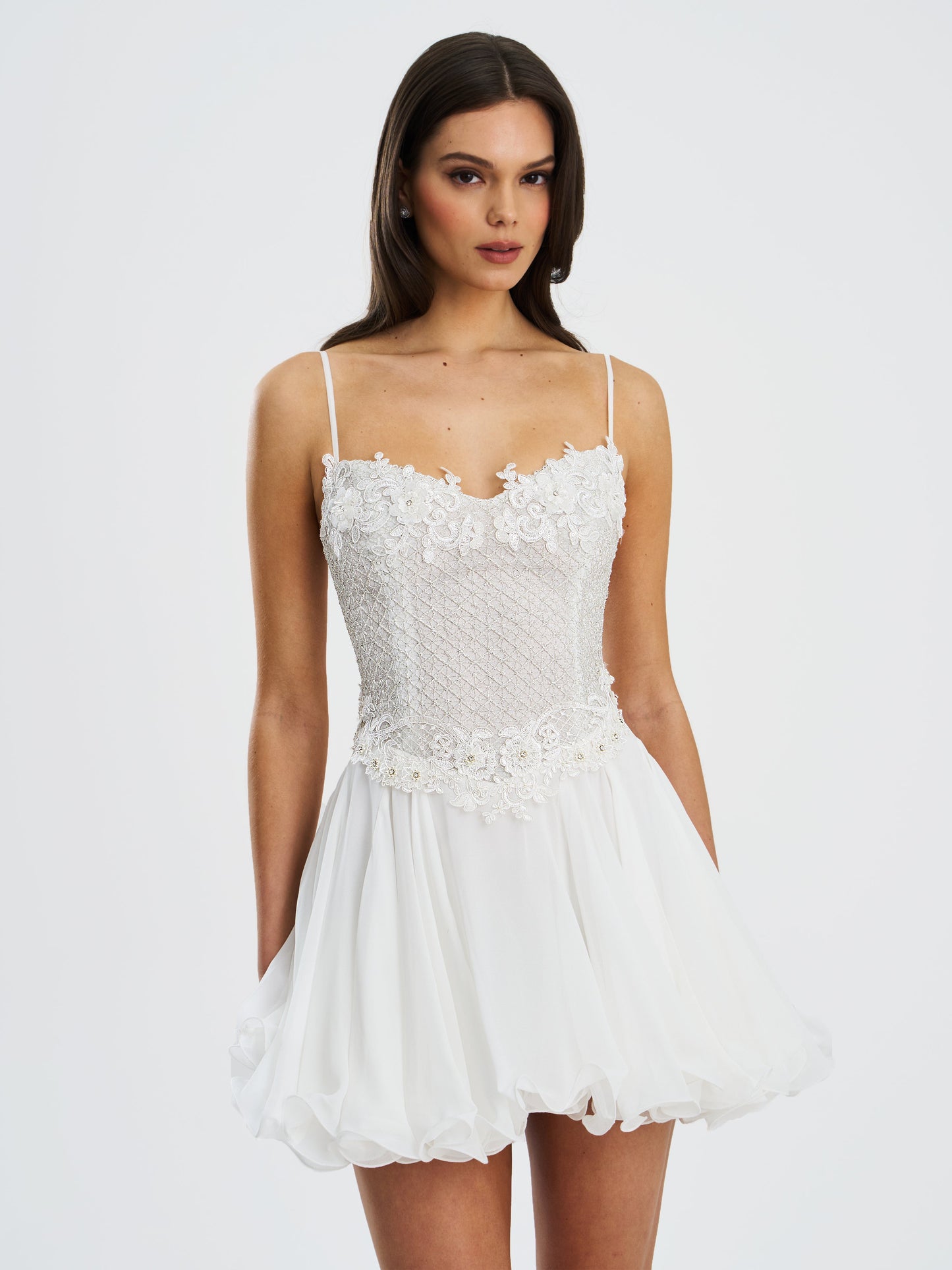 Fabiola Lace Trim Silver Net Top Mini Flare Chiffon Dress