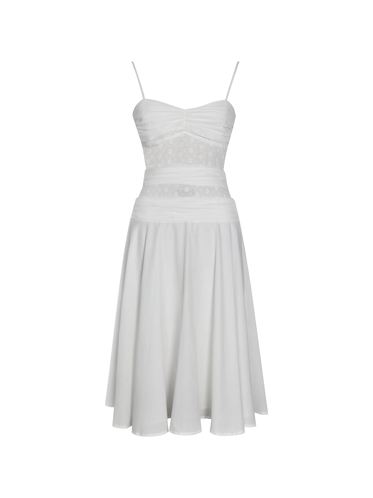 Maelis White Eyelet Drop Waist Cotton Midi Dress