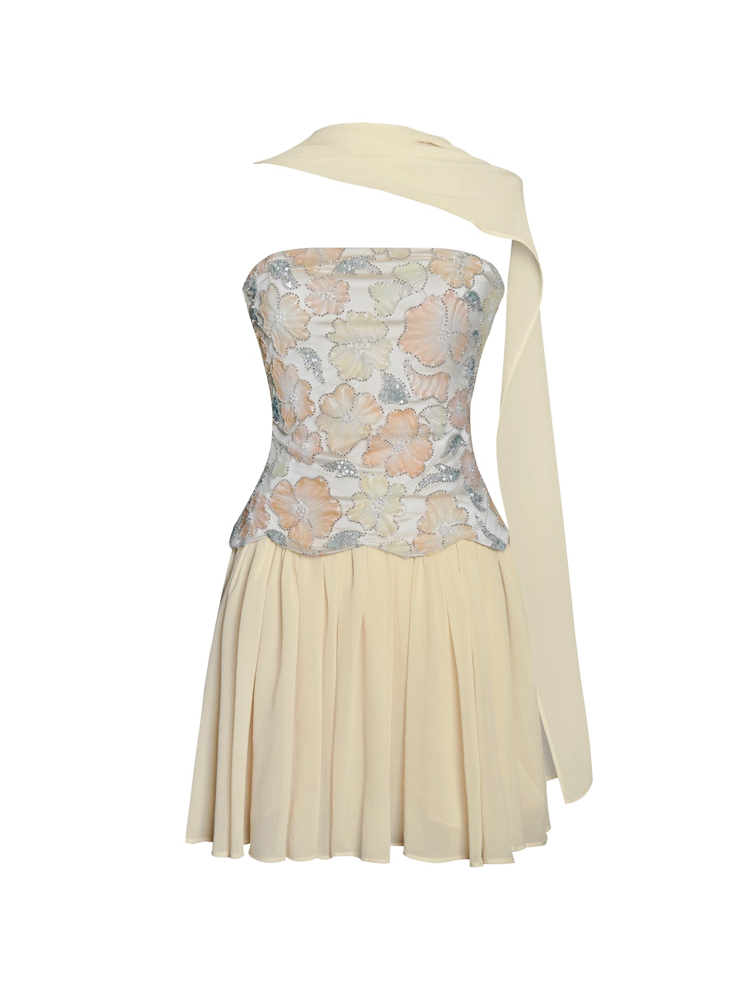 Quanisha Yellow Beaded Floral Mini Chiffon Dress with Scarf