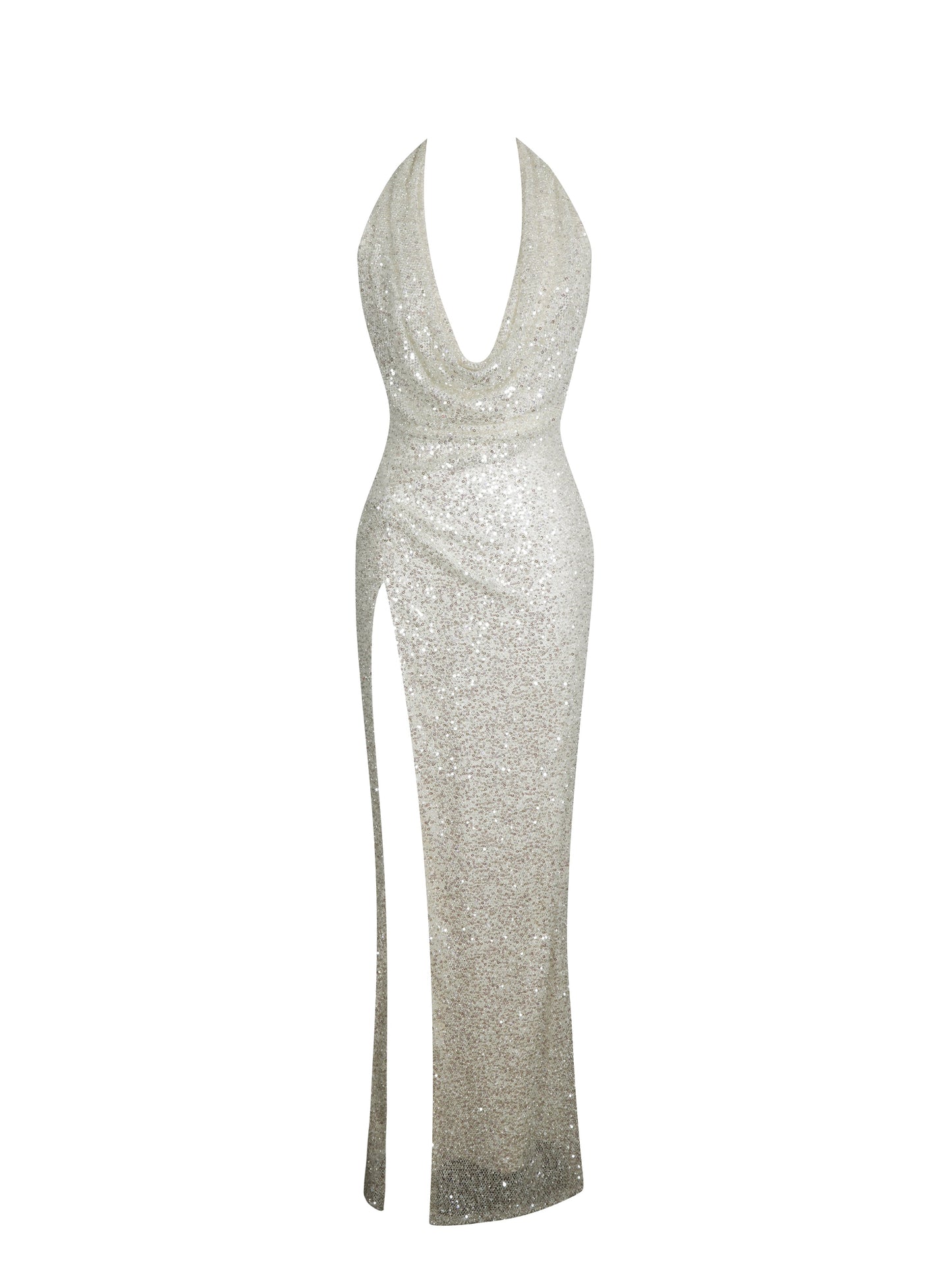 Niamh Golden Beaded Cowl Halter Backless Maxi Dress