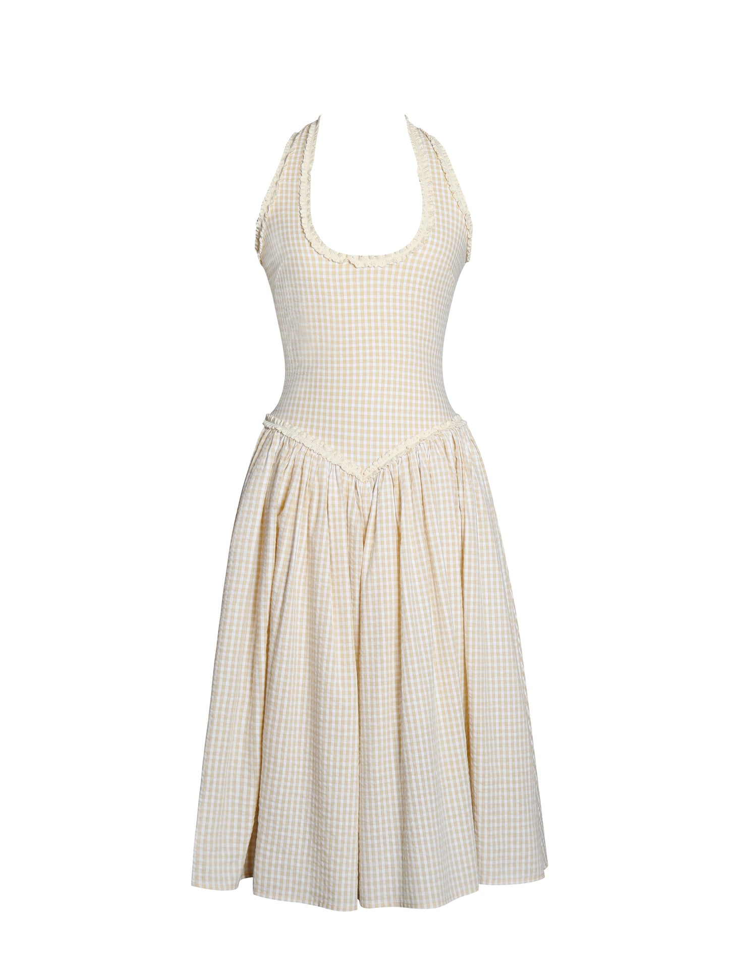 Idella Yellow Gingham U Neck Midi Dress